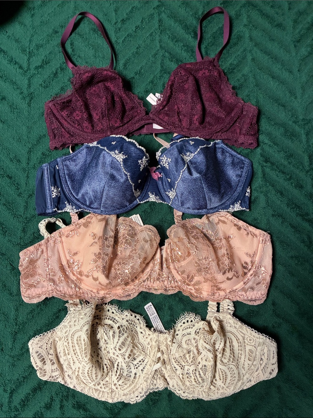 Victoria's Secret Lace & Embroidered Bra Set - Burgundy, Navy, Blush, Cream